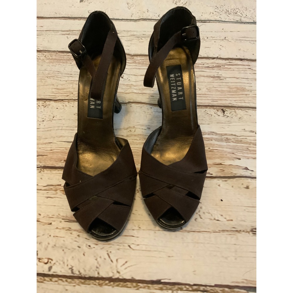 Stuart Weitzman Brown 7.5 Platform Ankle Strap Heels Peep Toe Sandals‎